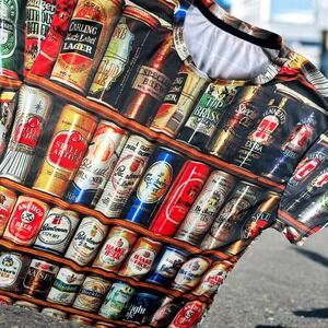 Fever Logic 1881 T-Shirt Men Large All Over Print Beer Cans Alcohol Party Novel